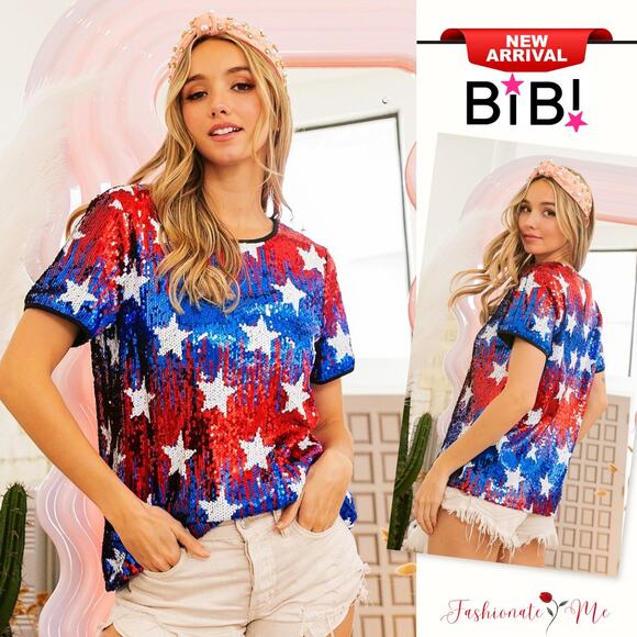 BiBi 4th Of July American Theme Star Pattern Sequin Round Neck Top | Red/Navy - Picture 1 of 14